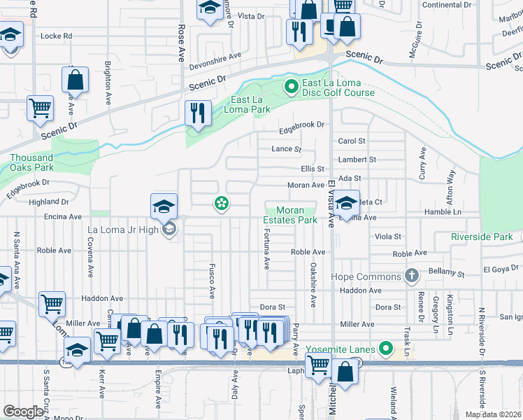 map of restaurants, bars, coffee shops, grocery stores, and more near 501 Fortuna Avenue in Modesto