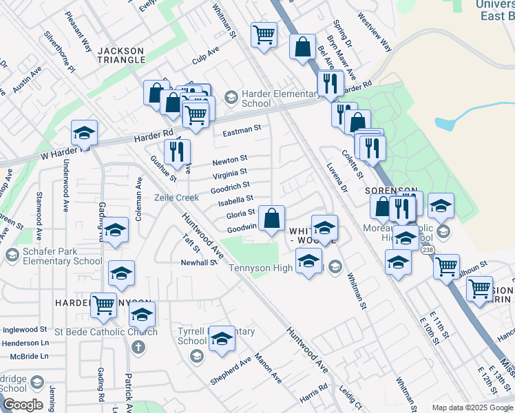 map of restaurants, bars, coffee shops, grocery stores, and more near 266 Gloria Street in Hayward