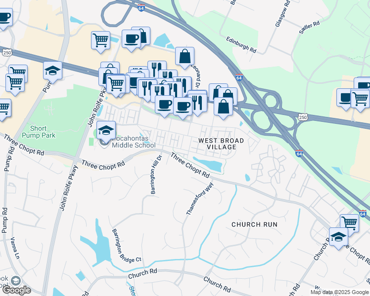 map of restaurants, bars, coffee shops, grocery stores, and more near 2201 Liesfeld Parkway in Glen Allen