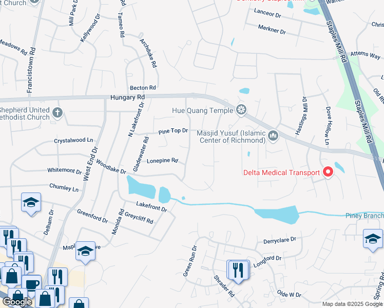 map of restaurants, bars, coffee shops, grocery stores, and more near 4303 Walton Farms Drive in Richmond