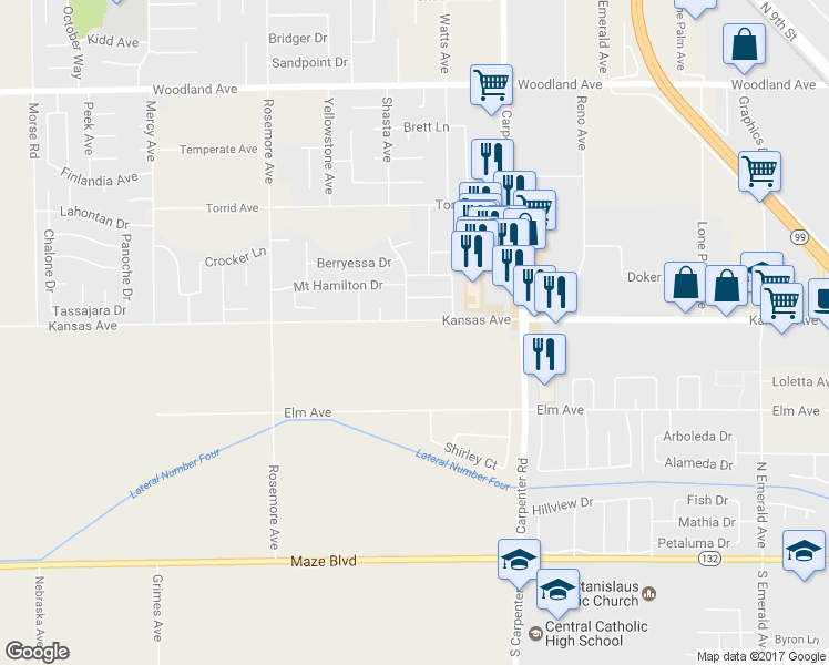 map of restaurants, bars, coffee shops, grocery stores, and more near 1724 Kansas Avenue in Modesto