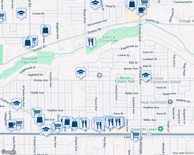 map of restaurants, bars, coffee shops, grocery stores, and more near 1832 Laurel Oak Drive in Modesto