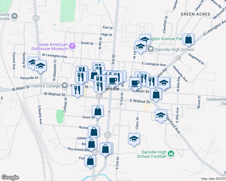 map of restaurants, bars, coffee shops, grocery stores, and more near in Danville