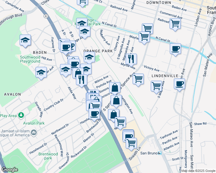 map of restaurants, bars, coffee shops, grocery stores, and more near 14 Sonora Avenue in South San Francisco