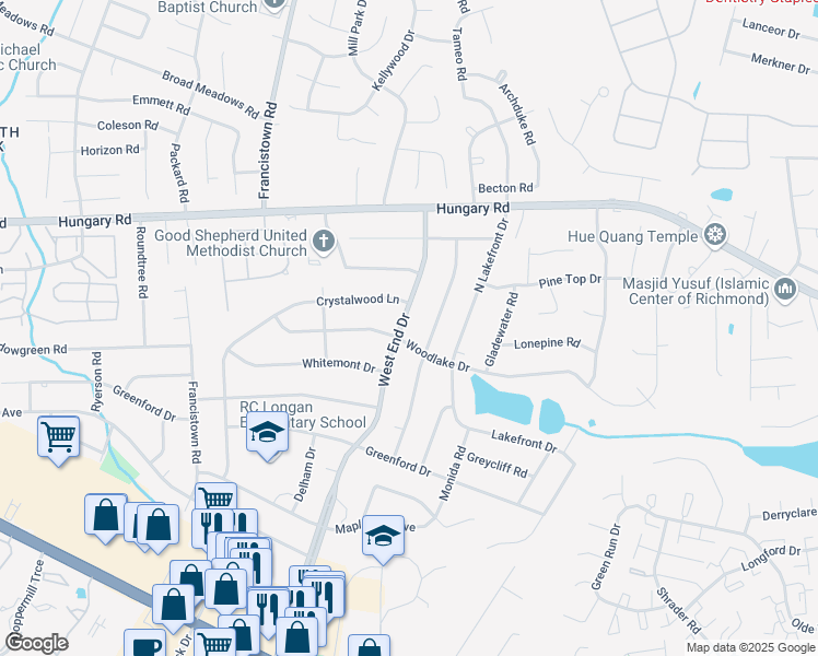 map of restaurants, bars, coffee shops, grocery stores, and more near 4203 West End Drive in Richmond