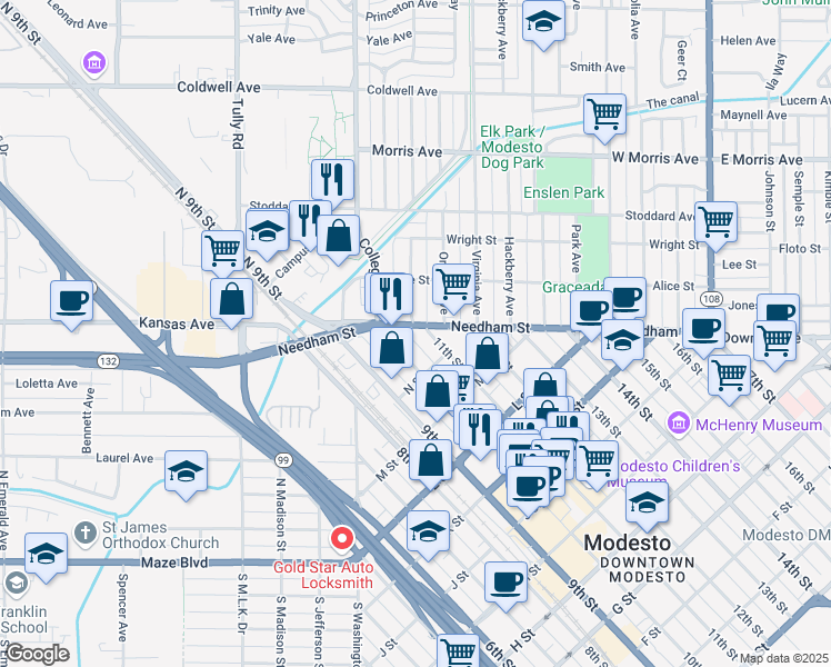 map of restaurants, bars, coffee shops, grocery stores, and more near 1433 11th Street in Modesto