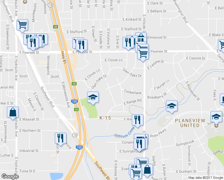 map of restaurants, bars, coffee shops, grocery stores, and more near 2608 Cheyenne Boulevard in Wichita