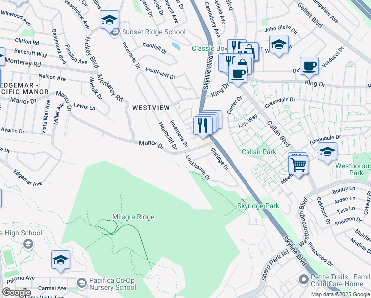 map of restaurants, bars, coffee shops, grocery stores, and more near 590 Inverness Drive in Pacifica