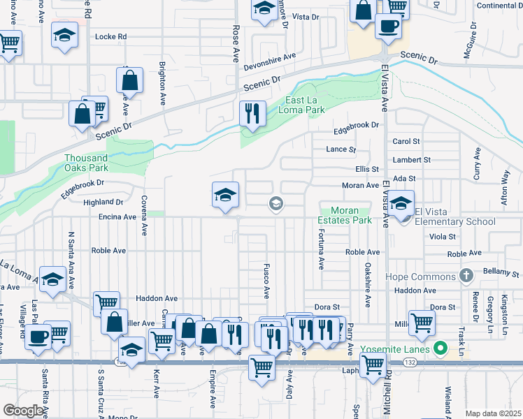 map of restaurants, bars, coffee shops, grocery stores, and more near 1832 Laurel Oak Drive in Modesto