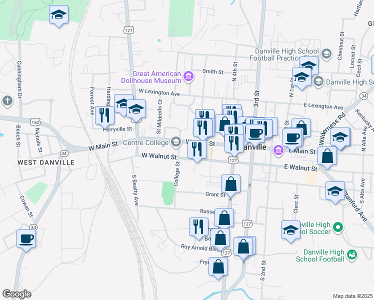 map of restaurants, bars, coffee shops, grocery stores, and more near 600 West Main Street in Danville