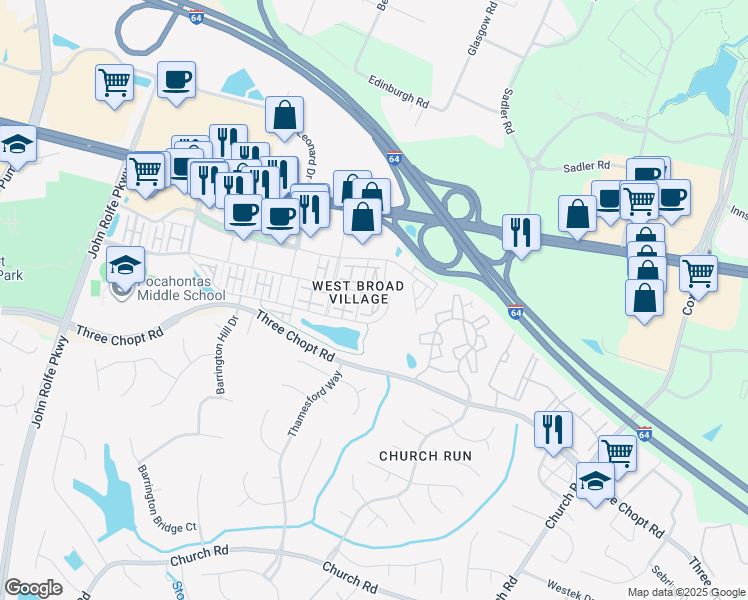 map of restaurants, bars, coffee shops, grocery stores, and more near 1805 Liesfeld Parkway in Glen Allen