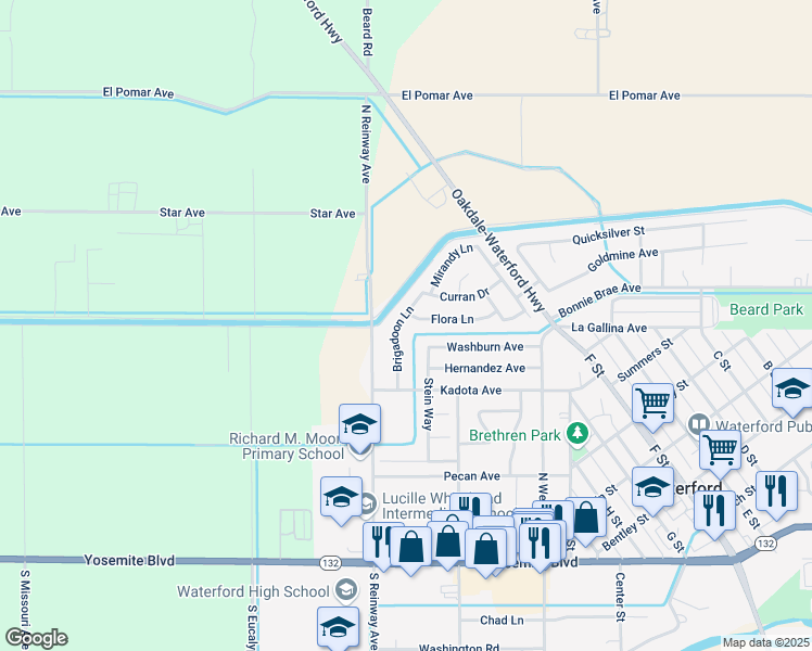 map of restaurants, bars, coffee shops, grocery stores, and more near 1045 Brigadoon Lane in Waterford