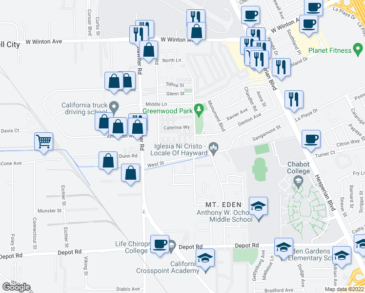 map of restaurants, bars, coffee shops, grocery stores, and more near 522 Ravenna Way in Hayward