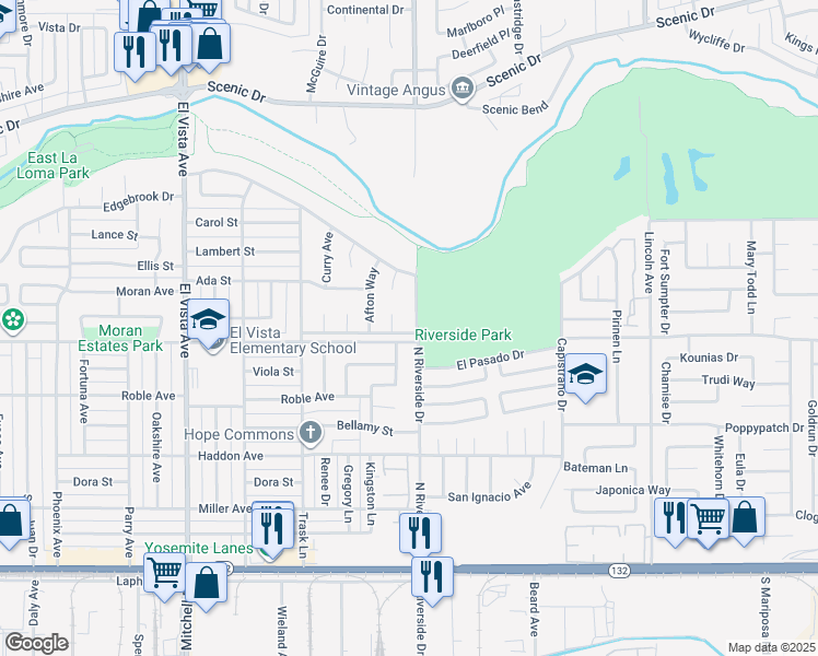map of restaurants, bars, coffee shops, grocery stores, and more near 2519 Hamble Lane in Modesto