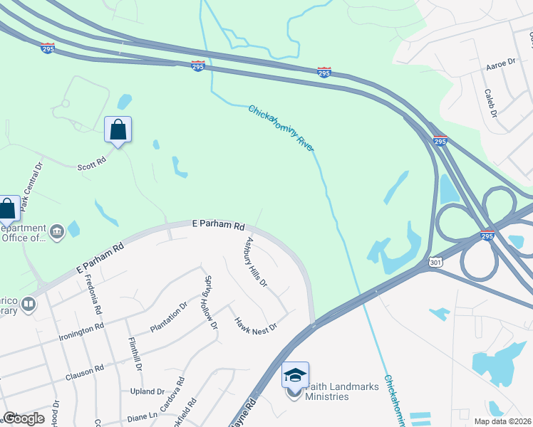 map of restaurants, bars, coffee shops, grocery stores, and more near 200 East Parham Road in Richmond