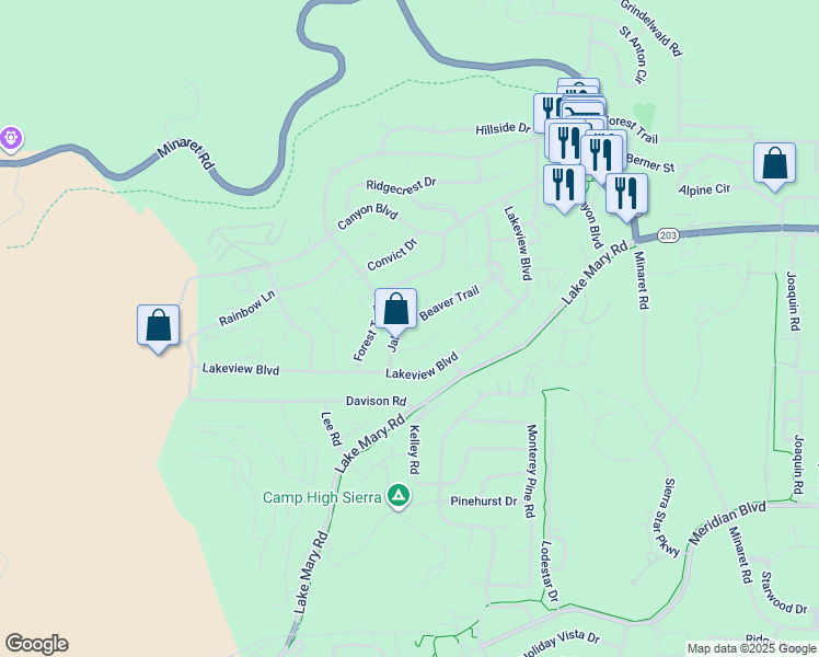 map of restaurants, bars, coffee shops, grocery stores, and more near 197 Beaver Trail in Mammoth Lakes