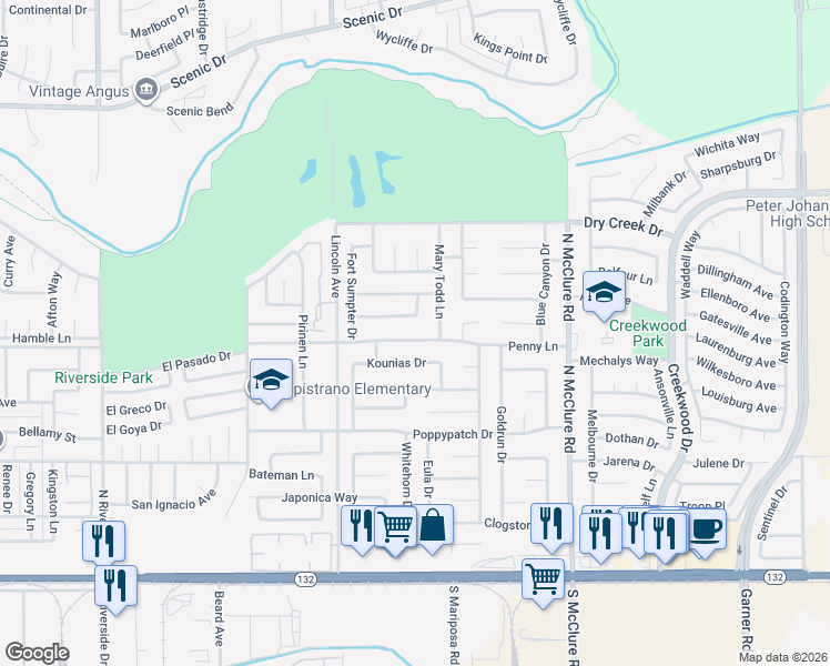 map of restaurants, bars, coffee shops, grocery stores, and more near 3105 Penny Lane in Modesto