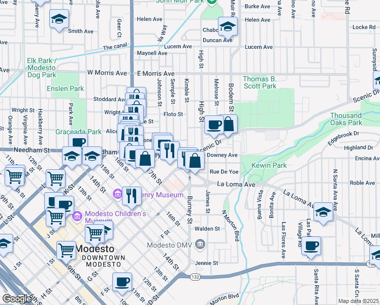 map of restaurants, bars, coffee shops, grocery stores, and more near 402 Downey Avenue in Modesto