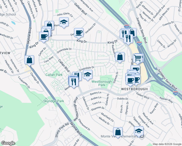map of restaurants, bars, coffee shops, grocery stores, and more near 3637 Bettman Way in South San Francisco