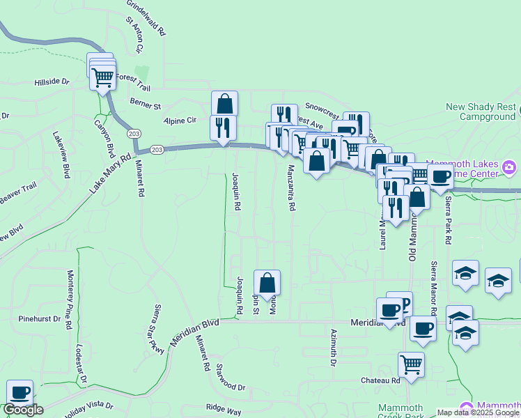 map of restaurants, bars, coffee shops, grocery stores, and more near 201 Lupin Street in Mammoth Lakes