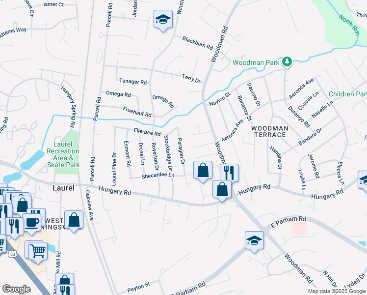 map of restaurants, bars, coffee shops, grocery stores, and more near 9717 Paragon Drive in Richmond