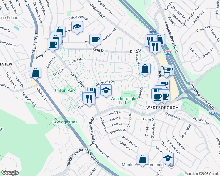 map of restaurants, bars, coffee shops, grocery stores, and more near 3637 Bettman Way in South San Francisco