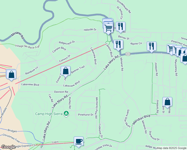 map of restaurants, bars, coffee shops, grocery stores, and more near 261 Lakeview Boulevard in Mammoth Lakes