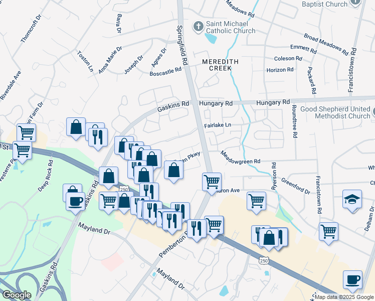 map of restaurants, bars, coffee shops, grocery stores, and more near 9625 Springfield Woods Circle in Glen Allen
