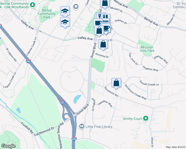 map of restaurants, bars, coffee shops, grocery stores, and more near 5980 Sunol Boulevard in Pleasanton