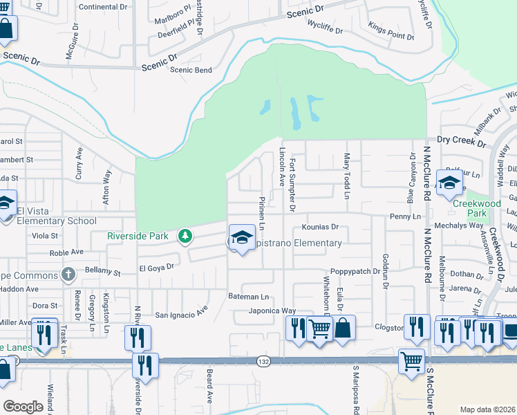 map of restaurants, bars, coffee shops, grocery stores, and more near 2845 Penny Lane in Modesto