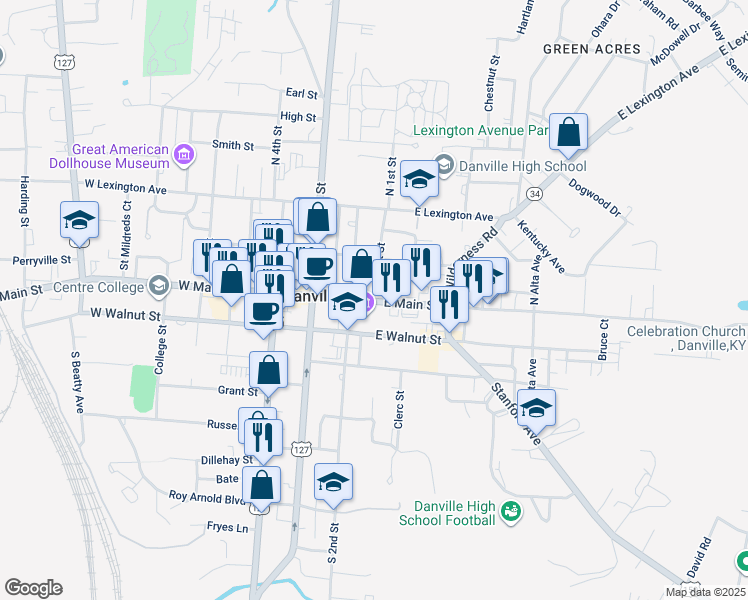 map of restaurants, bars, coffee shops, grocery stores, and more near 116 East Main Street in Danville