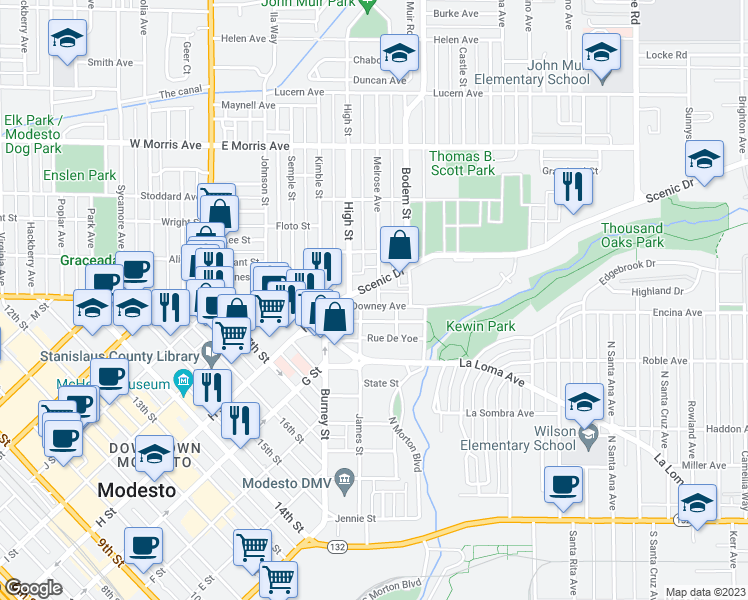map of restaurants, bars, coffee shops, grocery stores, and more near 105 Melrose Street in Modesto