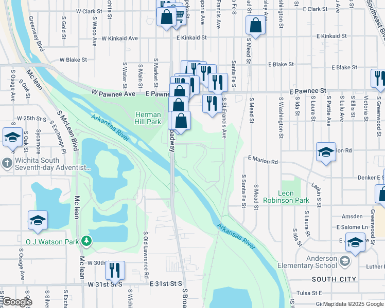 map of restaurants, bars, coffee shops, grocery stores, and more near 365 East Marion Court in Wichita