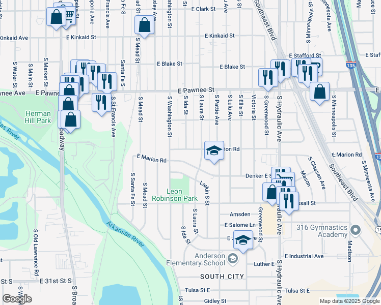 map of restaurants, bars, coffee shops, grocery stores, and more near 1115 East Marion Road in Wichita