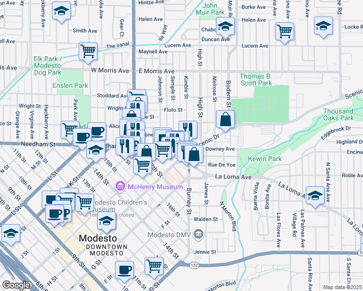 map of restaurants, bars, coffee shops, grocery stores, and more near 321 Downey Avenue in Modesto