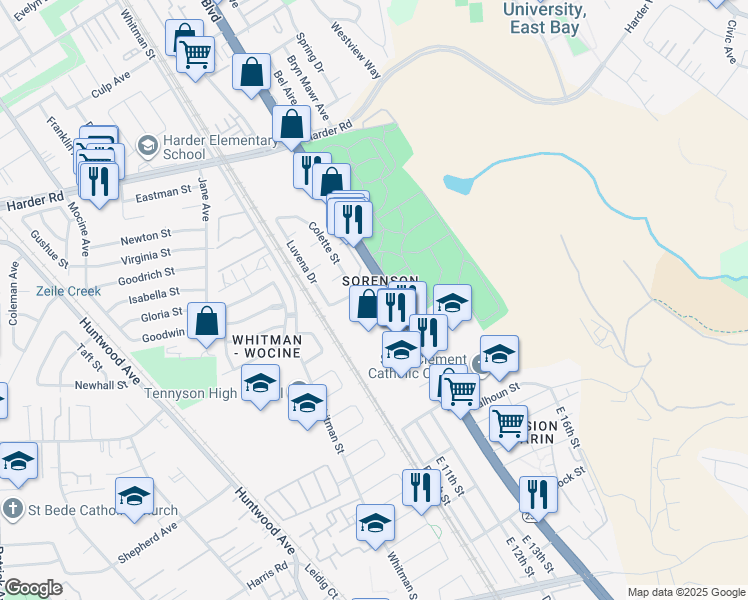 map of restaurants, bars, coffee shops, grocery stores, and more near 26825 Colette Street in Hayward
