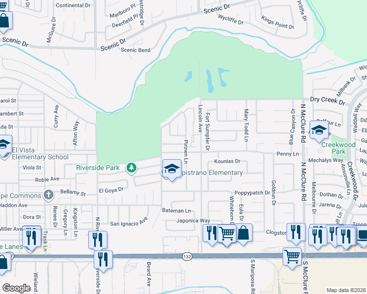 map of restaurants, bars, coffee shops, grocery stores, and more near 2845 Penny Lane in Modesto