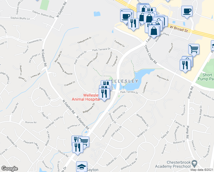 map of restaurants, bars, coffee shops, grocery stores, and more near 13001 Chimney Stone Court in Henrico