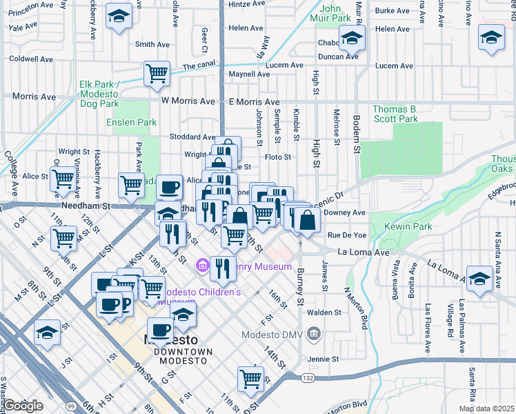 map of restaurants, bars, coffee shops, grocery stores, and more near 137 Downey Avenue in Modesto