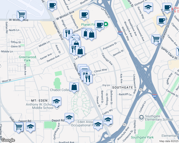 map of restaurants, bars, coffee shops, grocery stores, and more near 24970 Hesperian Boulevard in Hayward