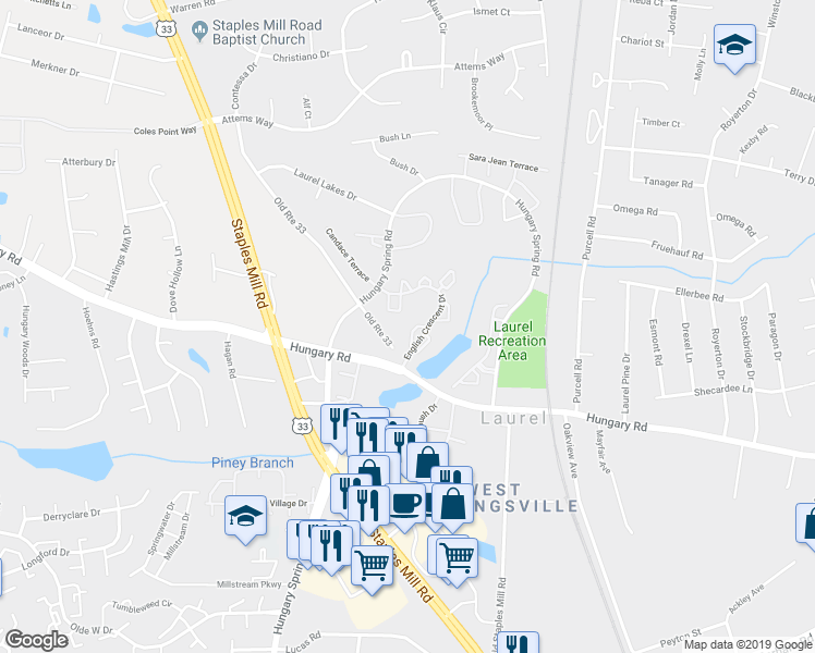 map of restaurants, bars, coffee shops, grocery stores, and more near 9352 Castle York Court in Glen Allen