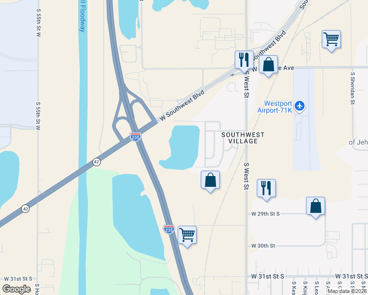 map of restaurants, bars, coffee shops, grocery stores, and more near 2625 South West Street in Wichita