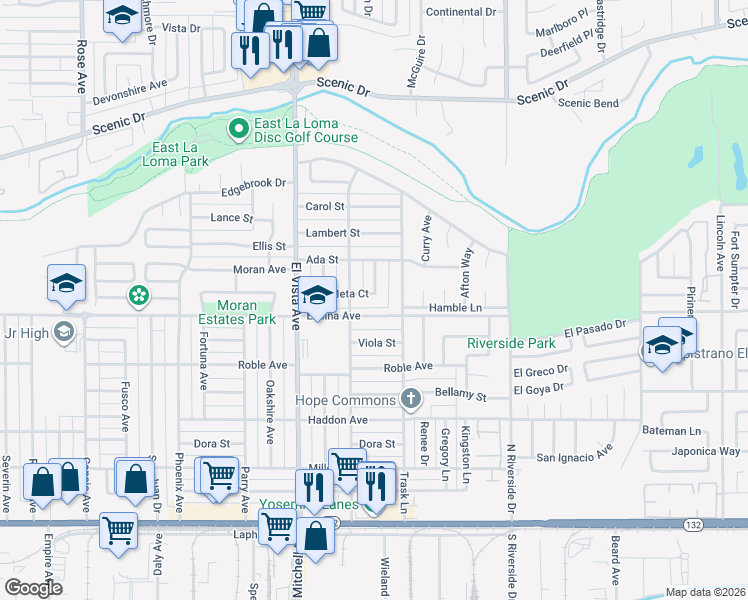 map of restaurants, bars, coffee shops, grocery stores, and more near 2316 Meta Court in Modesto