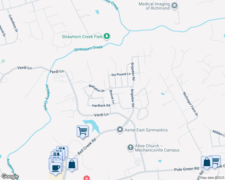 map of restaurants, bars, coffee shops, grocery stores, and more near 7219 Battalion Drive in Mechanicsville
