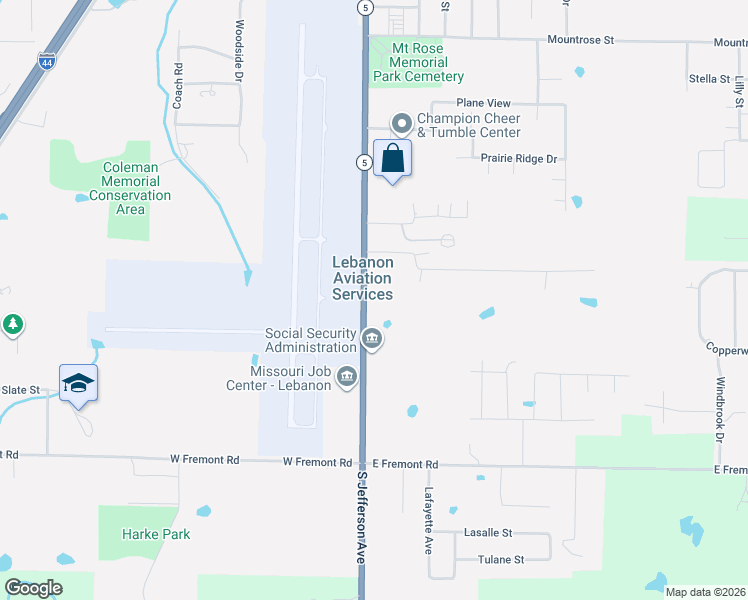 map of restaurants, bars, coffee shops, grocery stores, and more near 2426 South Jefferson Avenue in Lebanon