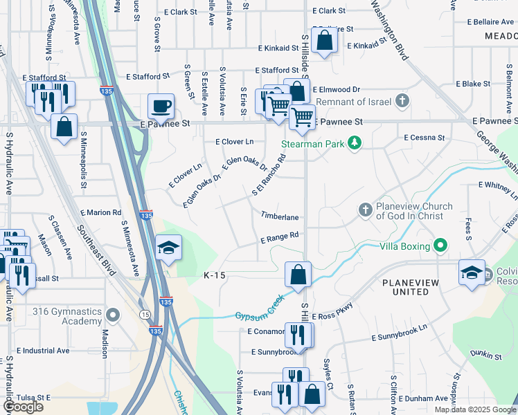 map of restaurants, bars, coffee shops, grocery stores, and more near 2920 Timberlane in Wichita