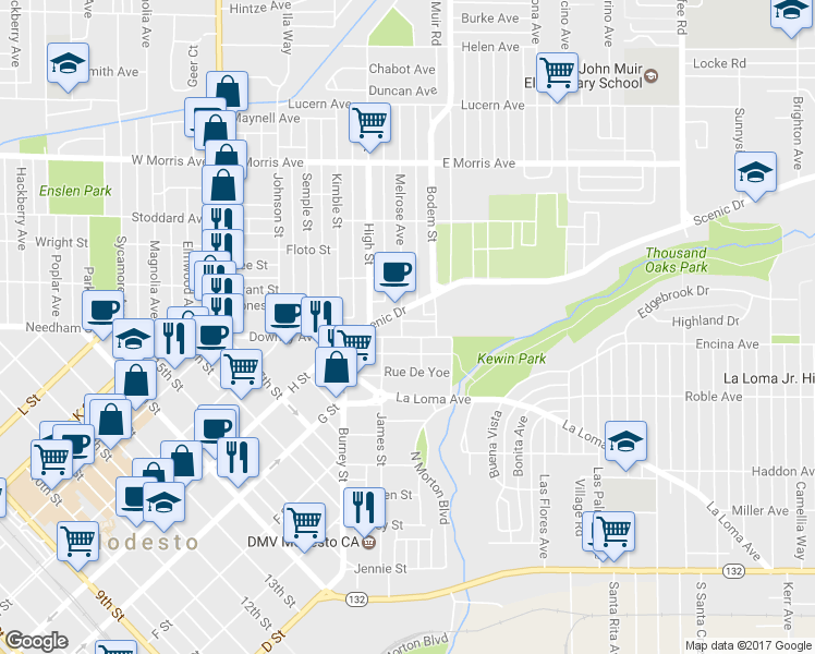 map of restaurants, bars, coffee shops, grocery stores, and more near 105 Melrose Street in Modesto
