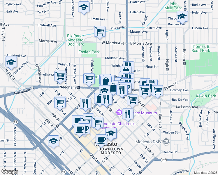 map of restaurants, bars, coffee shops, grocery stores, and more near 1029 16th Street in Modesto