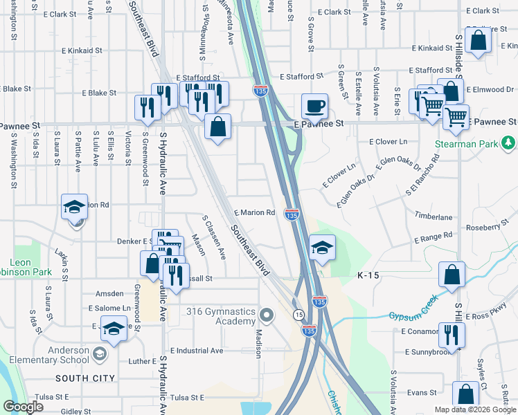 map of restaurants, bars, coffee shops, grocery stores, and more near 1947 E Marion Rd in Wichita
