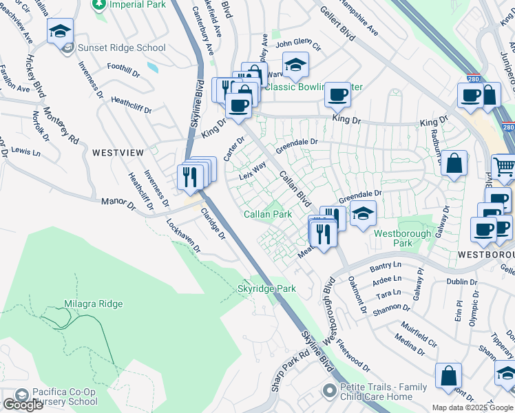 map of restaurants, bars, coffee shops, grocery stores, and more near Cromwell Row in South San Francisco